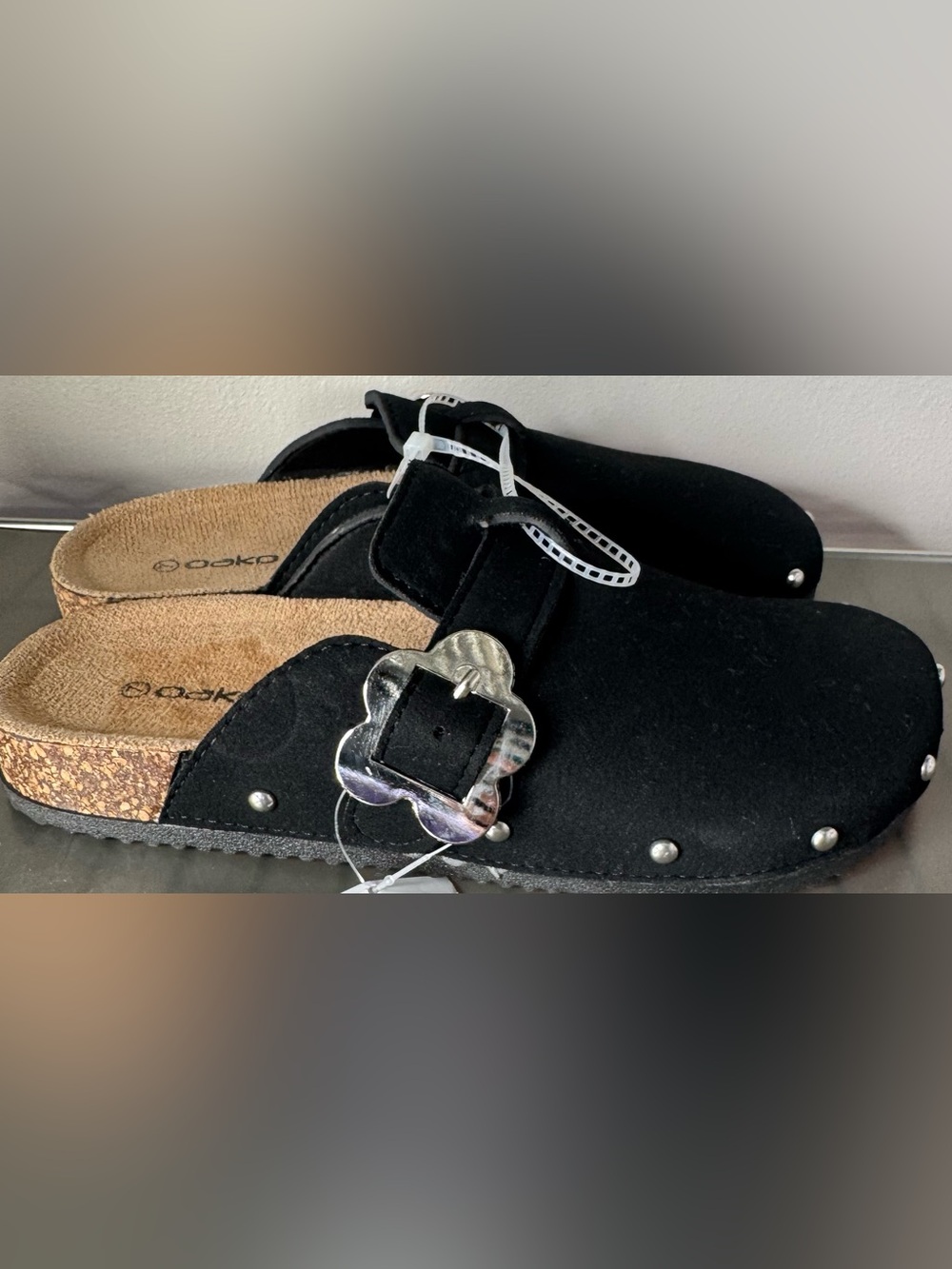 Black Studded Slip-On Clog Mule with Decorative flower Buckle adjustable sz 7 - Picture 2 of 5